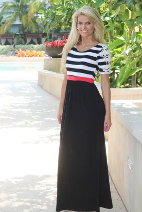 Black Striped Top Maxi Dress with Crochet Sleeves