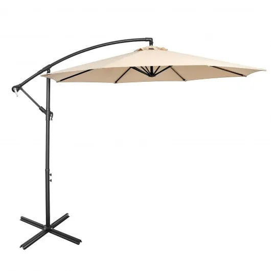 10FT Offset Umbrella with 8 Ribs Cantilever and Cross Base Tilt Adjustment-Beige