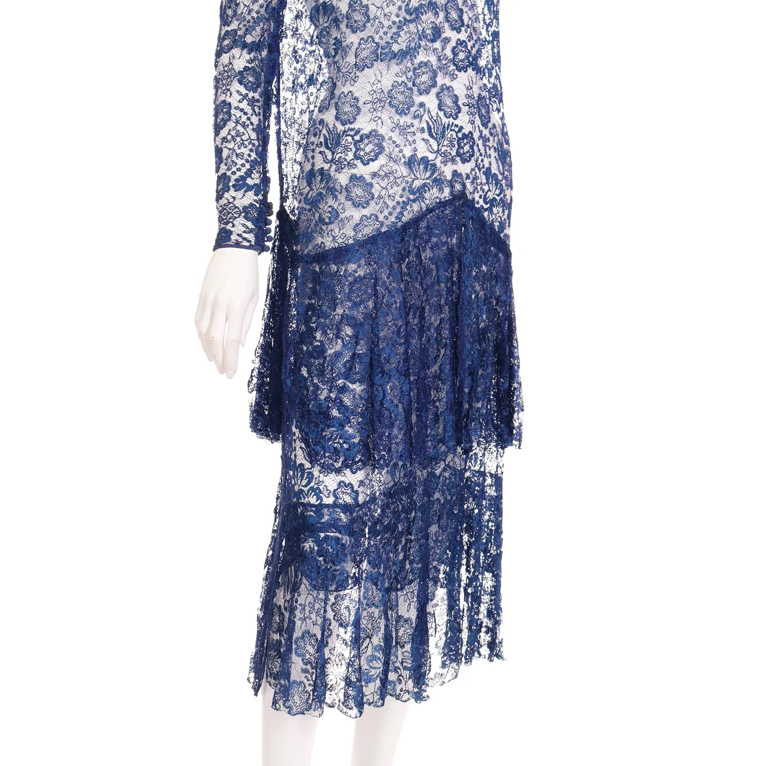 1930s Vintage Blue Floral Lace Dress