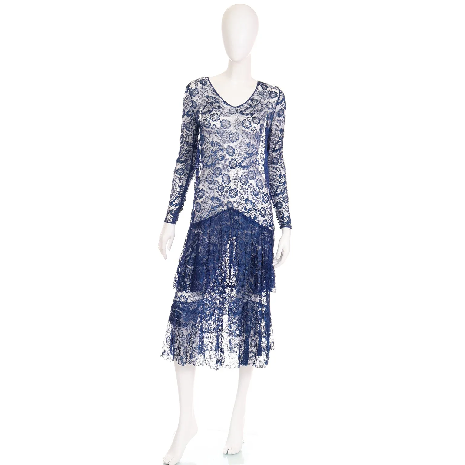 1930s Vintage Blue Floral Lace Dress