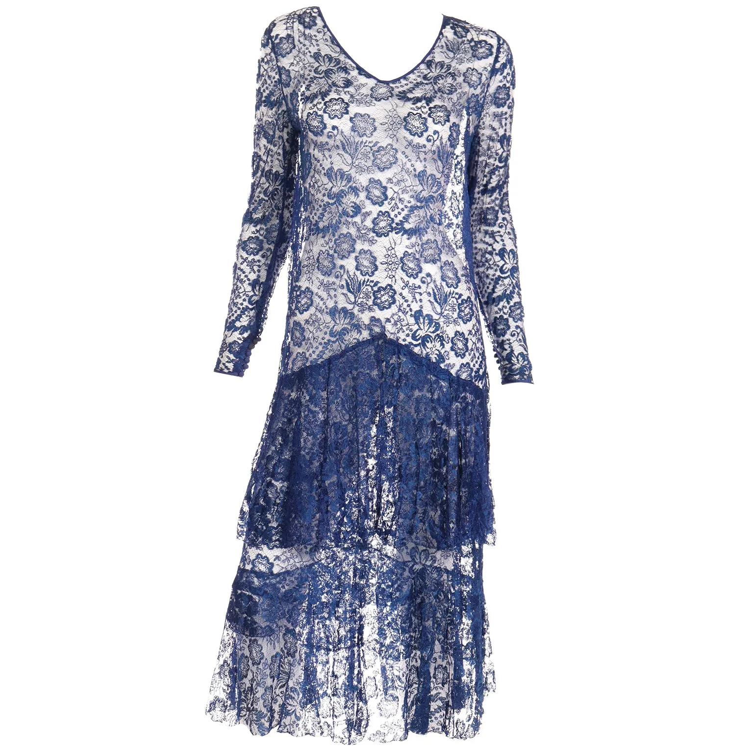 1930s Vintage Blue Floral Lace Dress