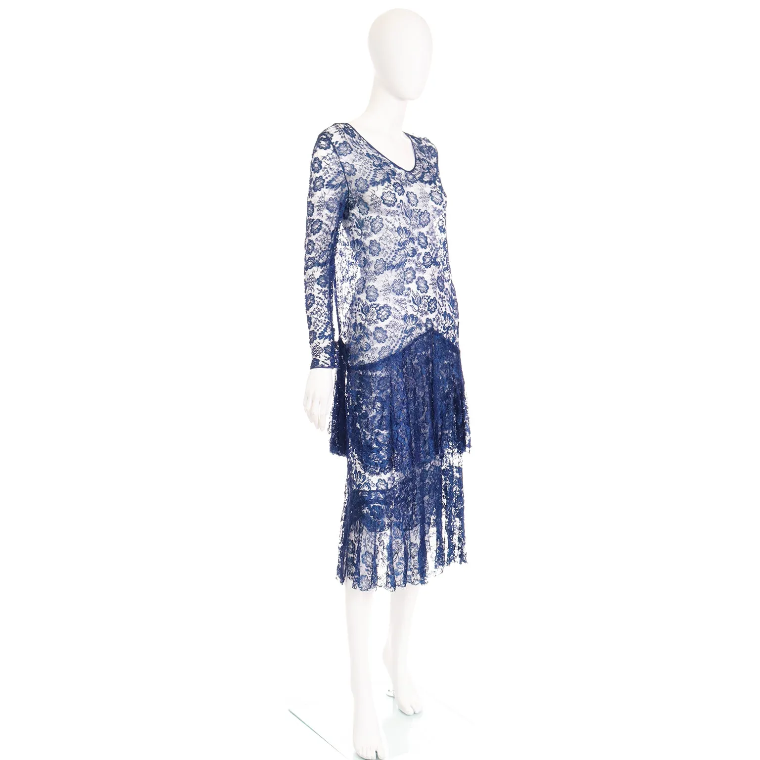 1930s Vintage Blue Floral Lace Dress