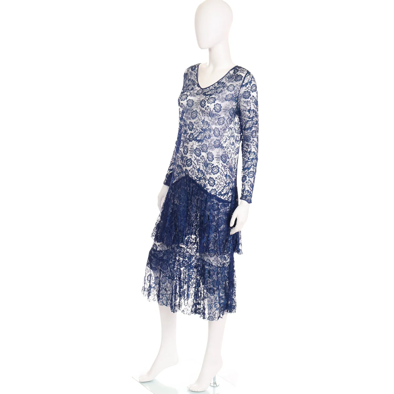 1930s Vintage Blue Floral Lace Dress