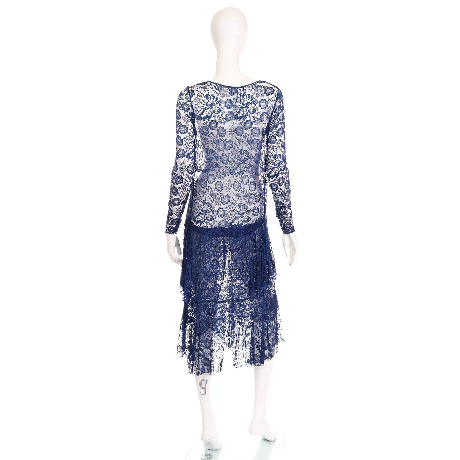 1930s Vintage Blue Floral Lace Dress