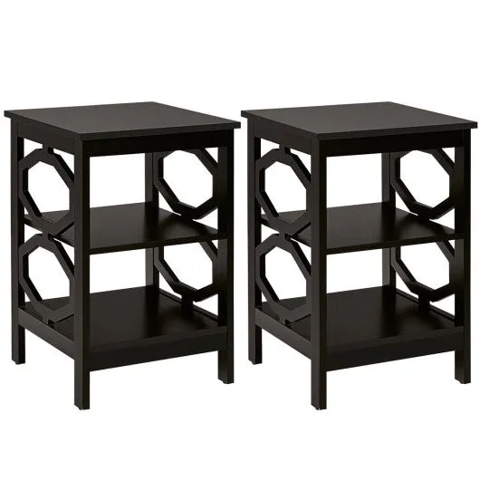 2 Pieces 3-tier Nightstand Sofa Side End Accent Table Storage Display Shelf-Black