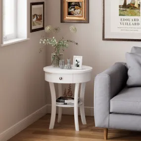 2-Tier Wood Round End Table with Open Drawer-White