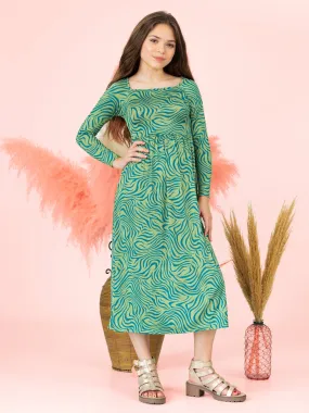 24seven Comfort Apparel Green Print Girls Long Sleeve Maxi Dress