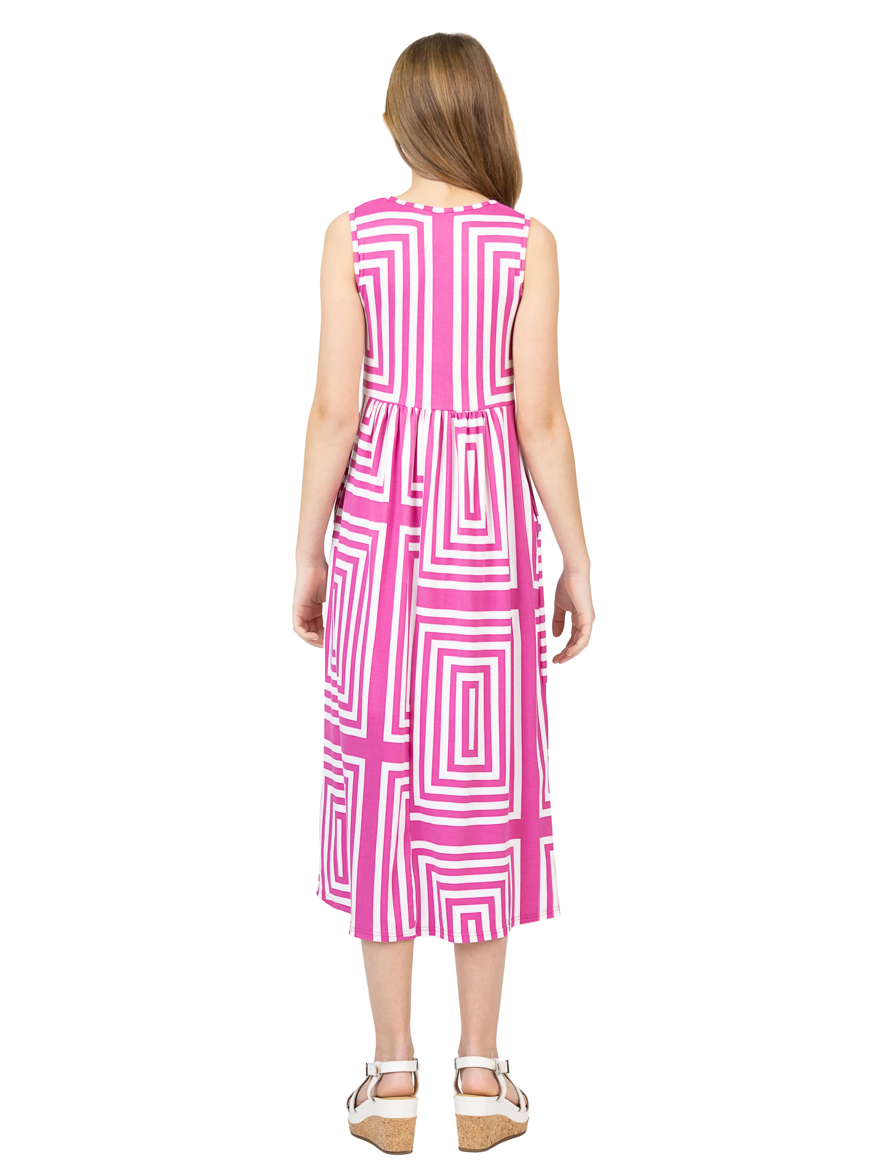 24sevenkid Girls Pink Geometric Print Sleeveless Pocket Maxi Dress