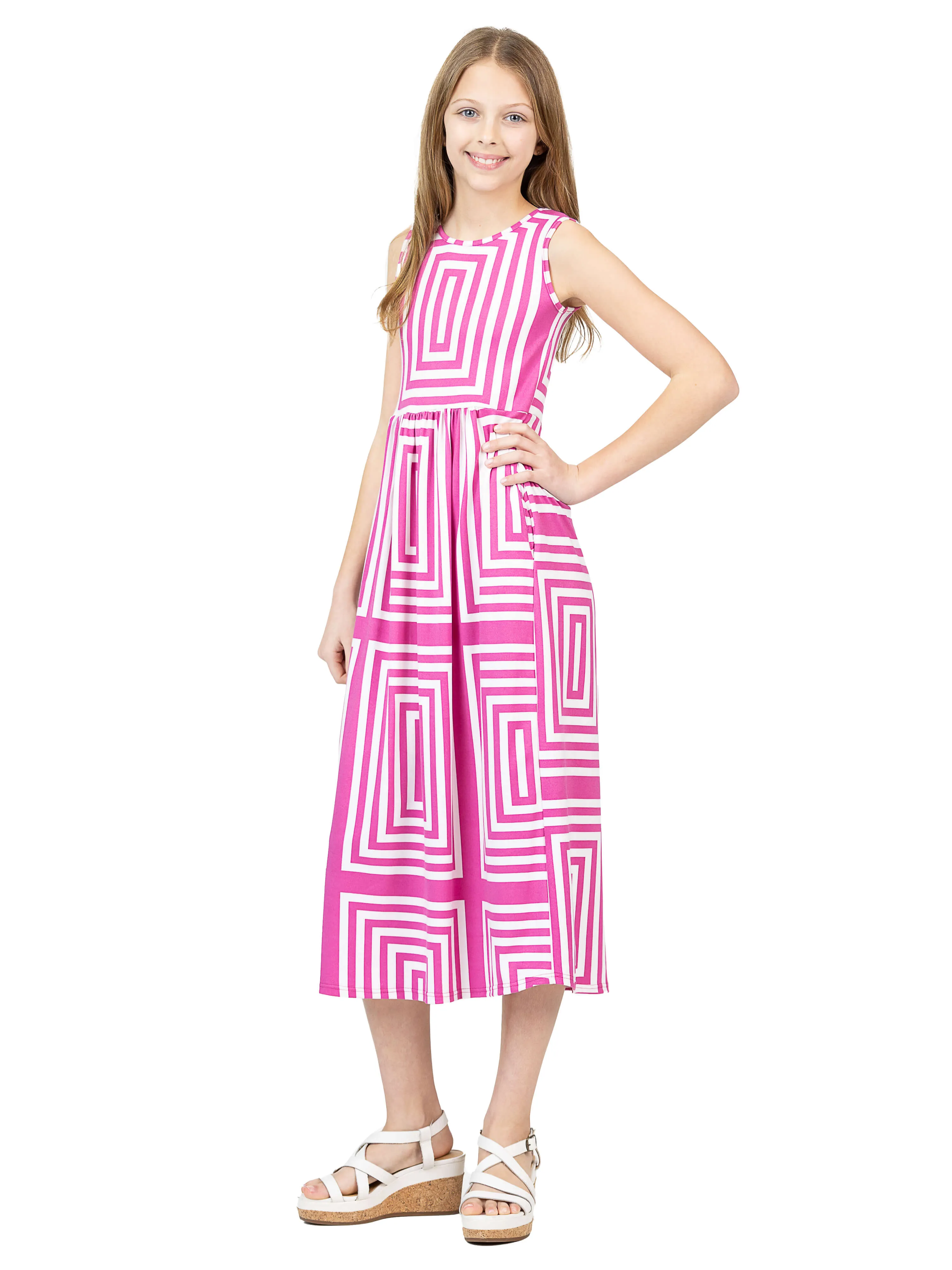 24sevenkid Girls Pink Geometric Print Sleeveless Pocket Maxi Dress