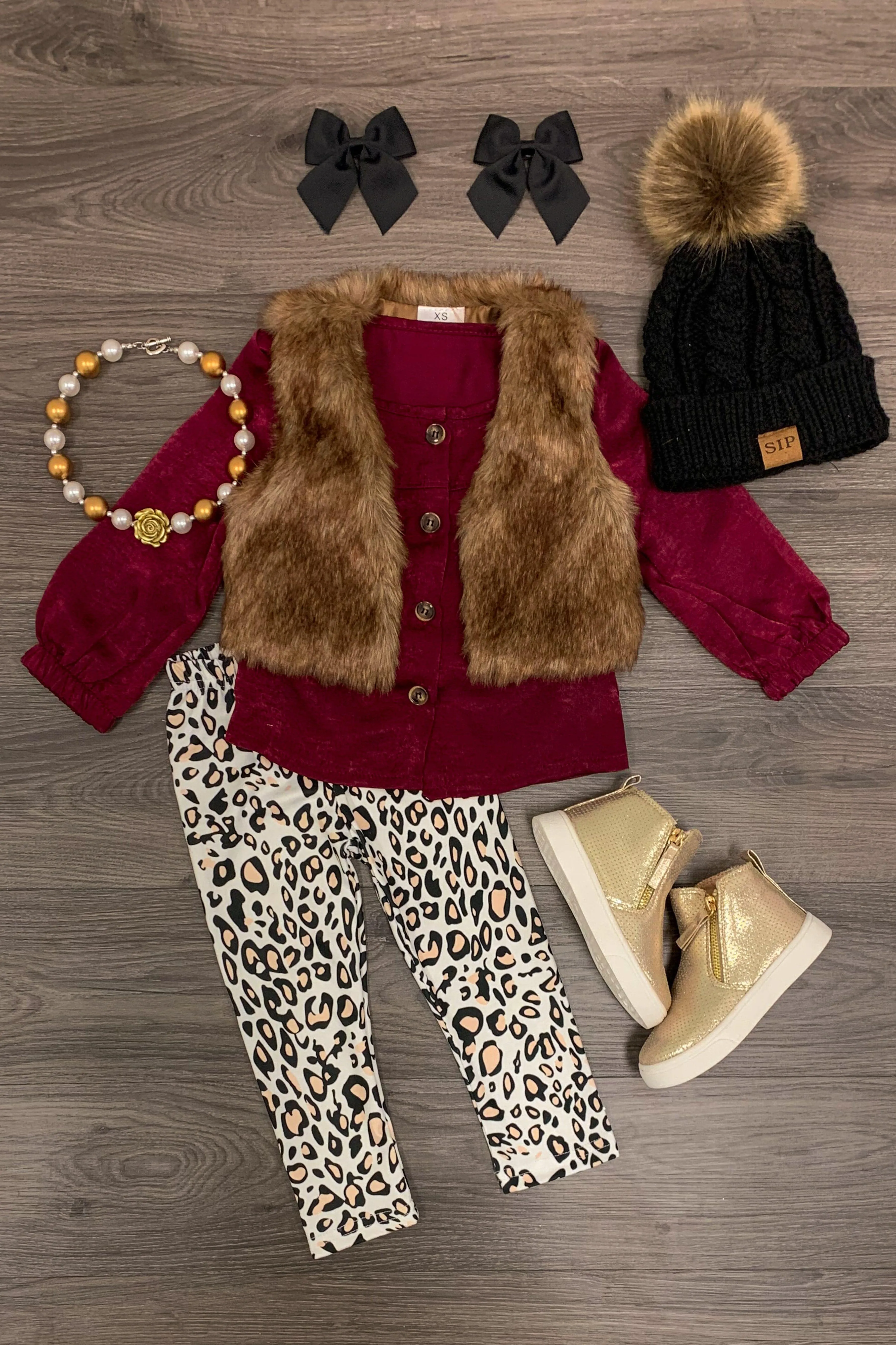 3 Piece - Olivia Fur Vest Set - Burgundy/Cheetah