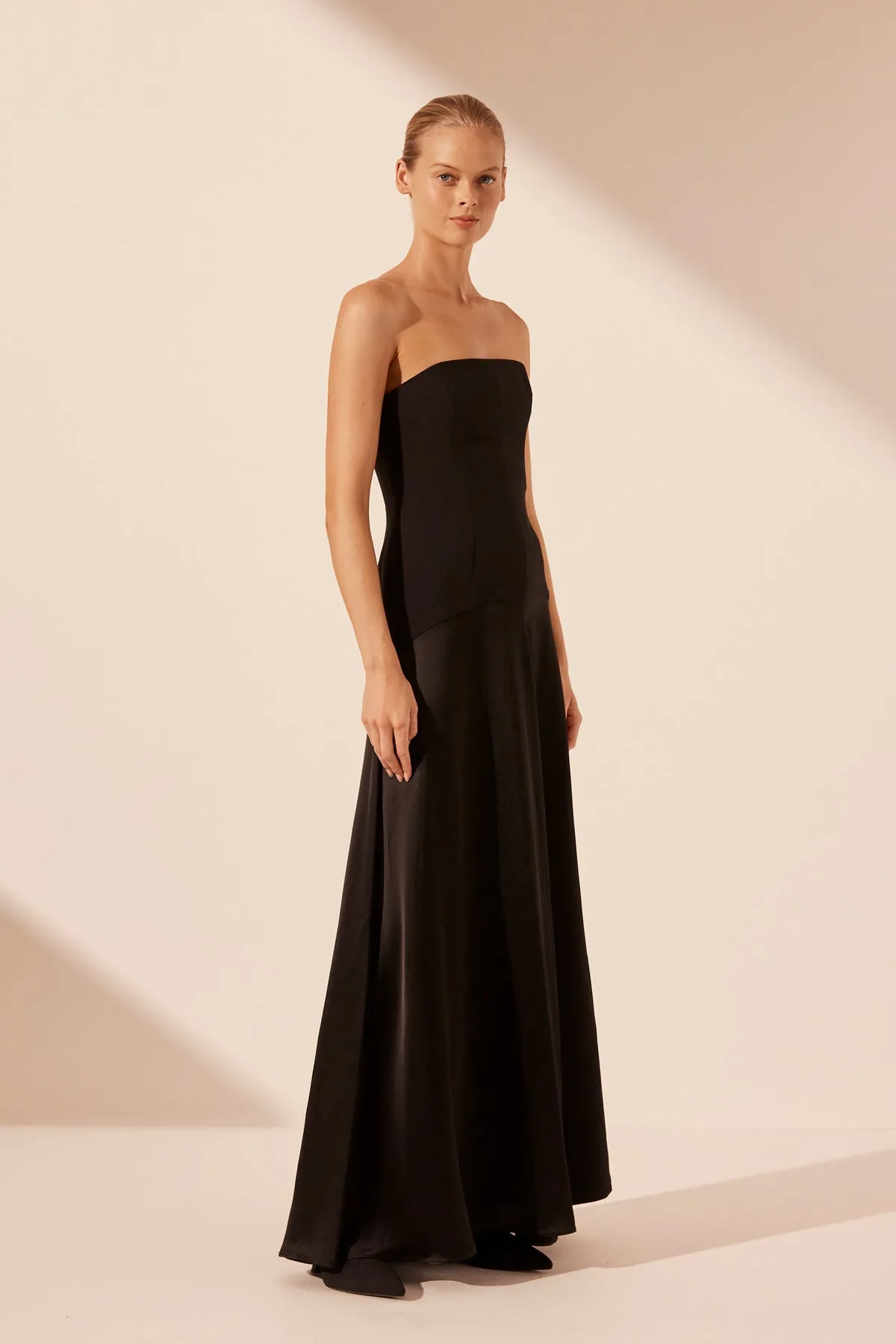 ADRI STRAPLESS PANELLED MAXI DRESS - BLACK