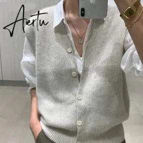 Aieru Sweater Vest Loose Autumn and Winter Warm Knitted Vest Sweater for Women Loose Solid Sleeveless Sweaters