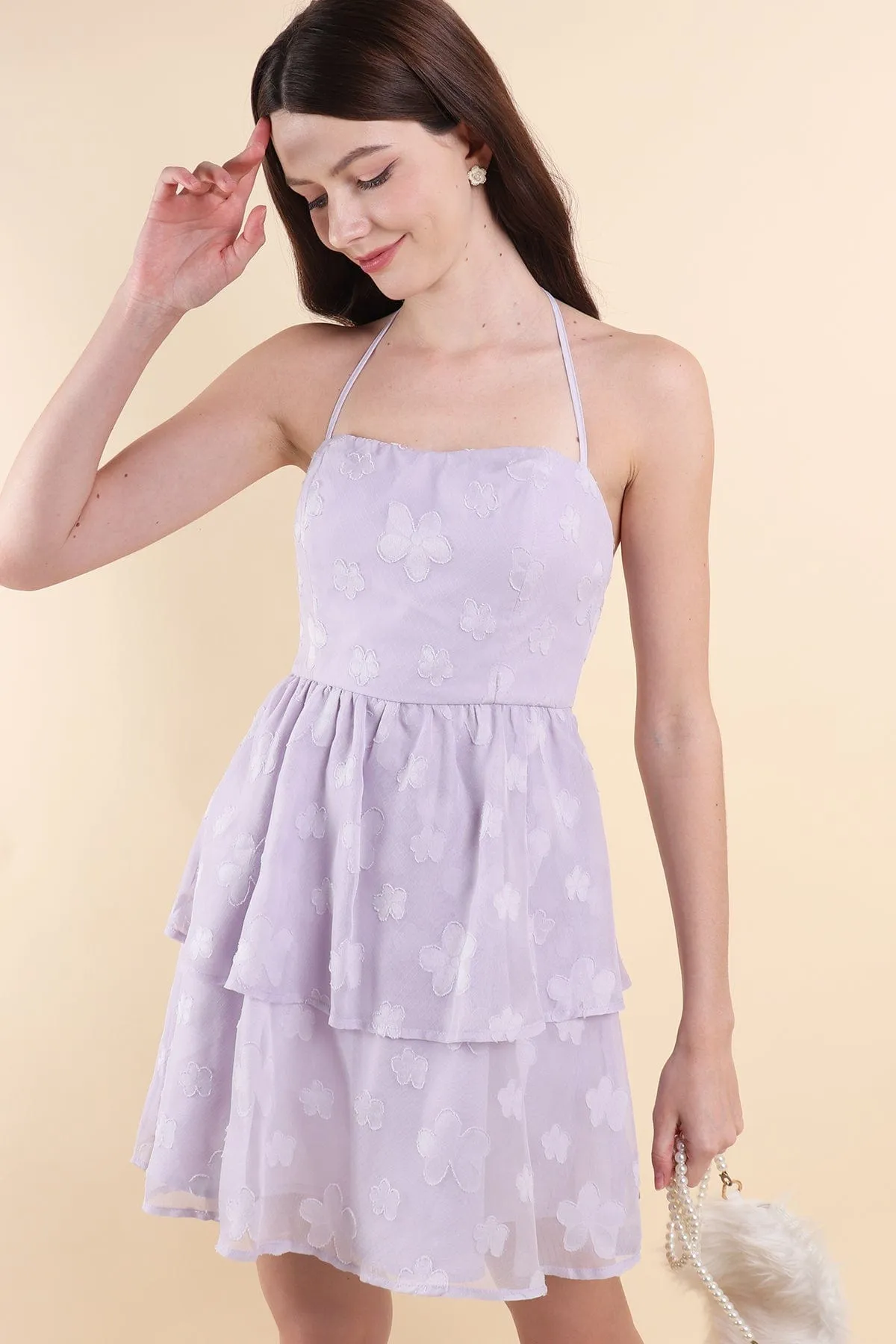 AMARIS PADDED HALTER DRESS IN LILAC