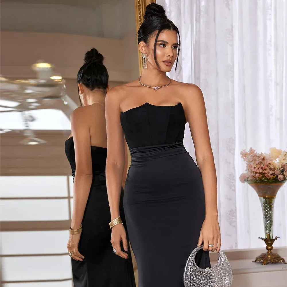 Amozae Black Maxi Wedding Guest Dress Women Strapless Velvet Boning Corset Party Dress Sexy Satin Long Formal Occasion Dress