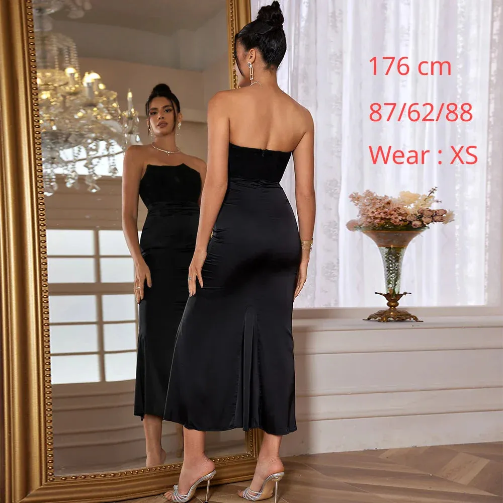 Amozae Black Maxi Wedding Guest Dress Women Strapless Velvet Boning Corset Party Dress Sexy Satin Long Formal Occasion Dress