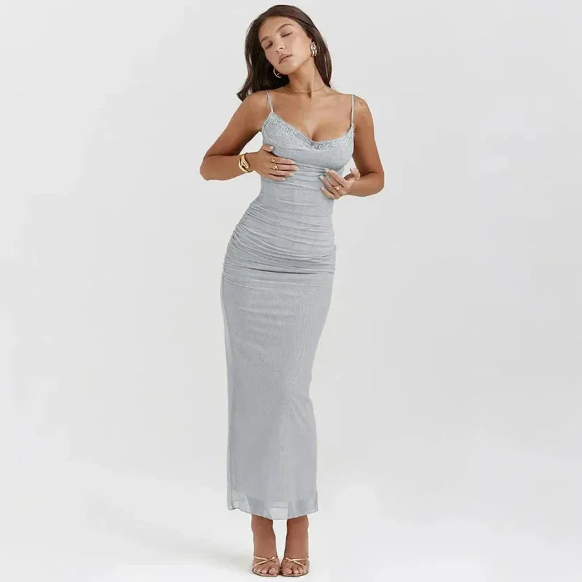 Amozae Summer Mesh Maxi Dresses for Women 2023 Rose Spaghetti Strap Bodycon Dress Elegant Formal Occasion Dress Female