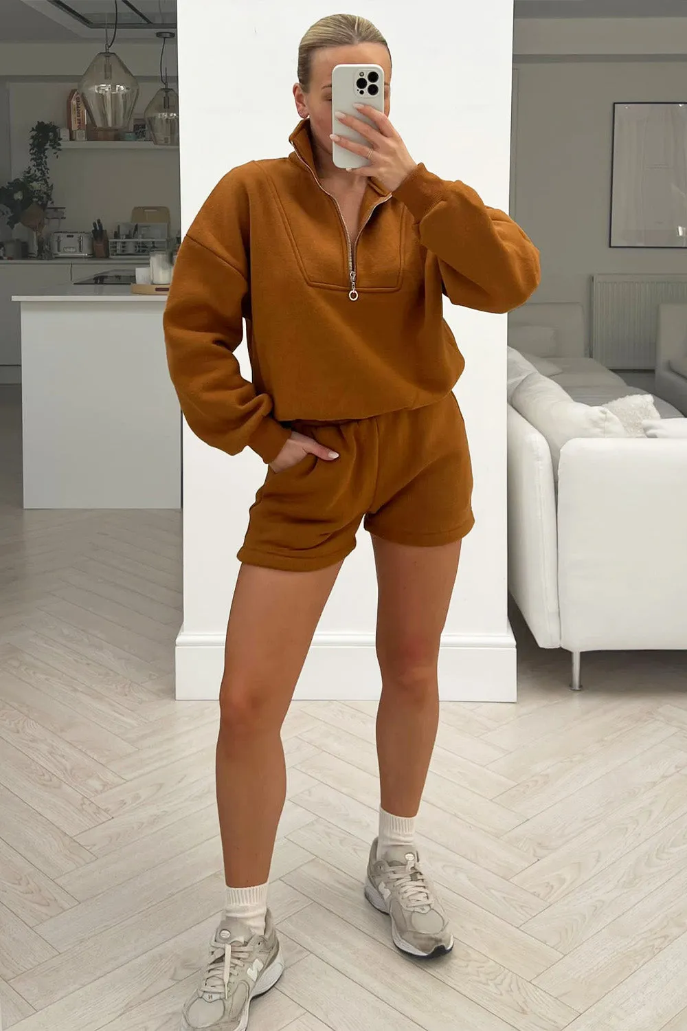 Anna glamify tan 1/4 zip essential sweater short set