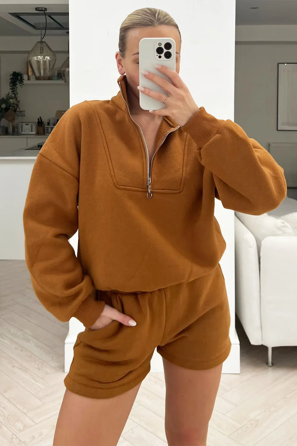 Anna glamify tan 1/4 zip essential sweater short set