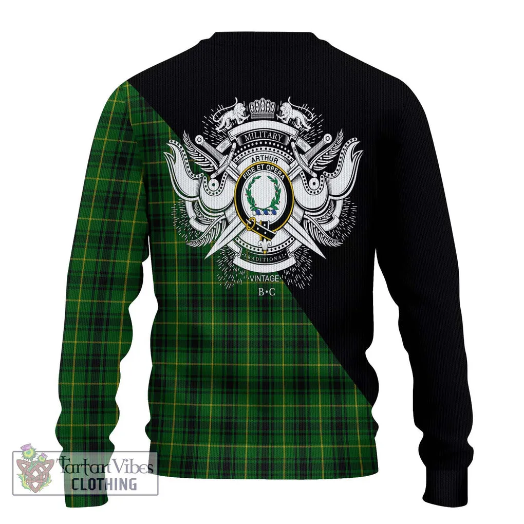 Arthur Tartan Ugly Sweater with Family Crest and Military Logo Style