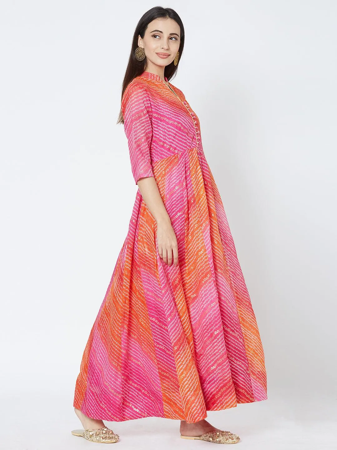 Bandhani & Foil Printed Flared Kurta - Pink