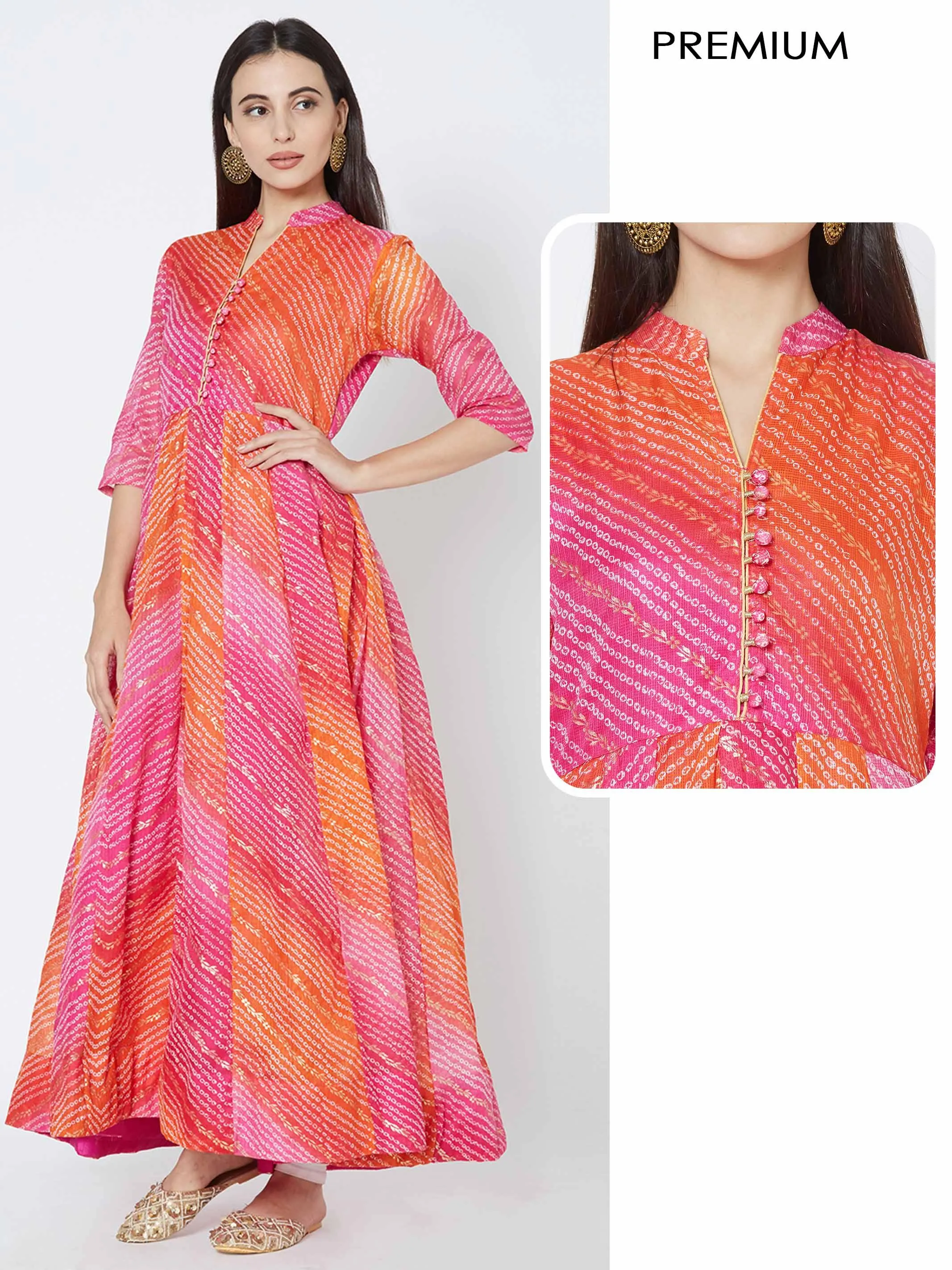 Bandhani & Foil Printed Flared Kurta - Pink