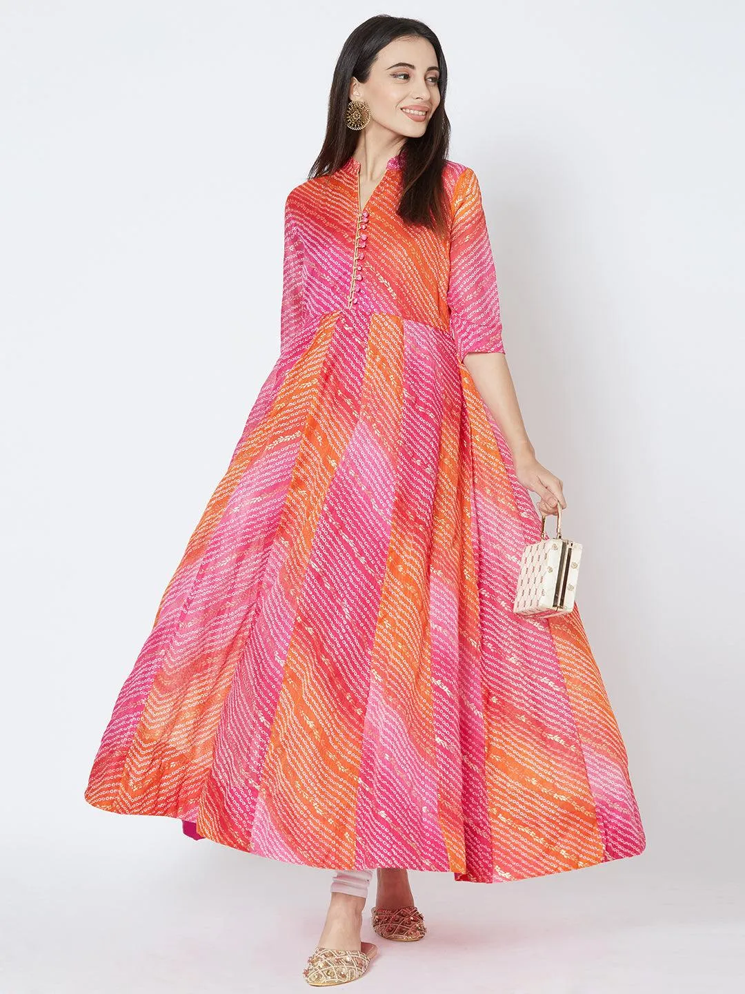 Bandhani & Foil Printed Flared Kurta - Pink