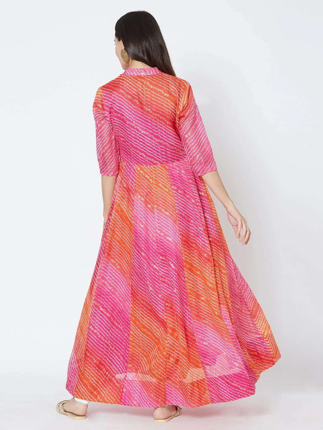 Bandhani & Foil Printed Flared Kurta - Pink