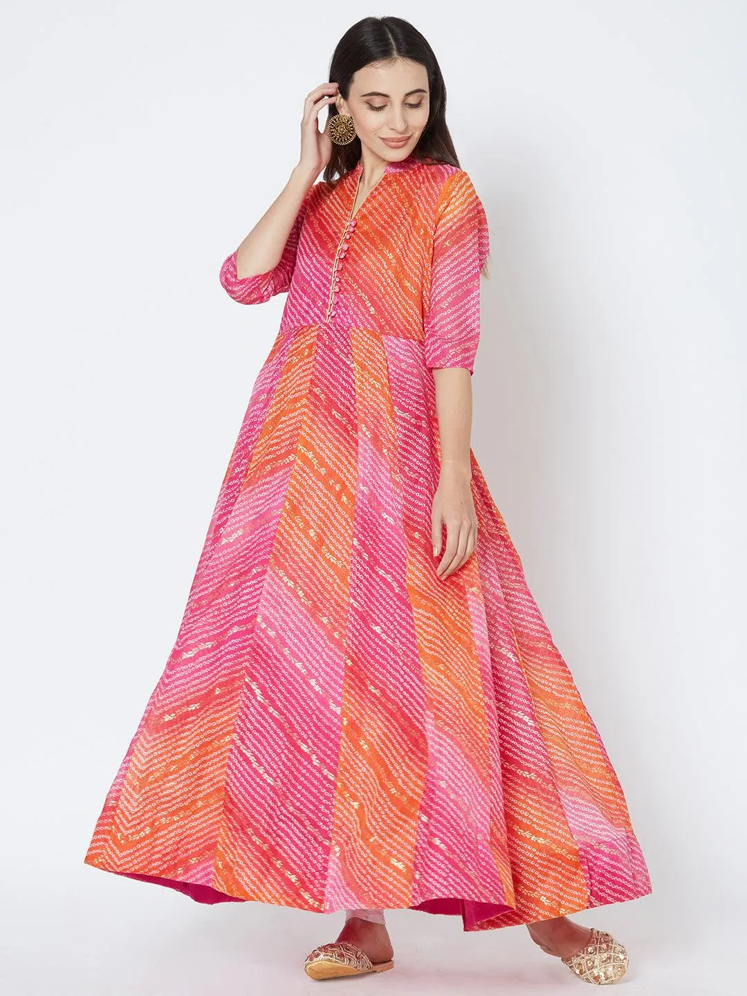 Bandhani & Foil Printed Flared Kurta - Pink