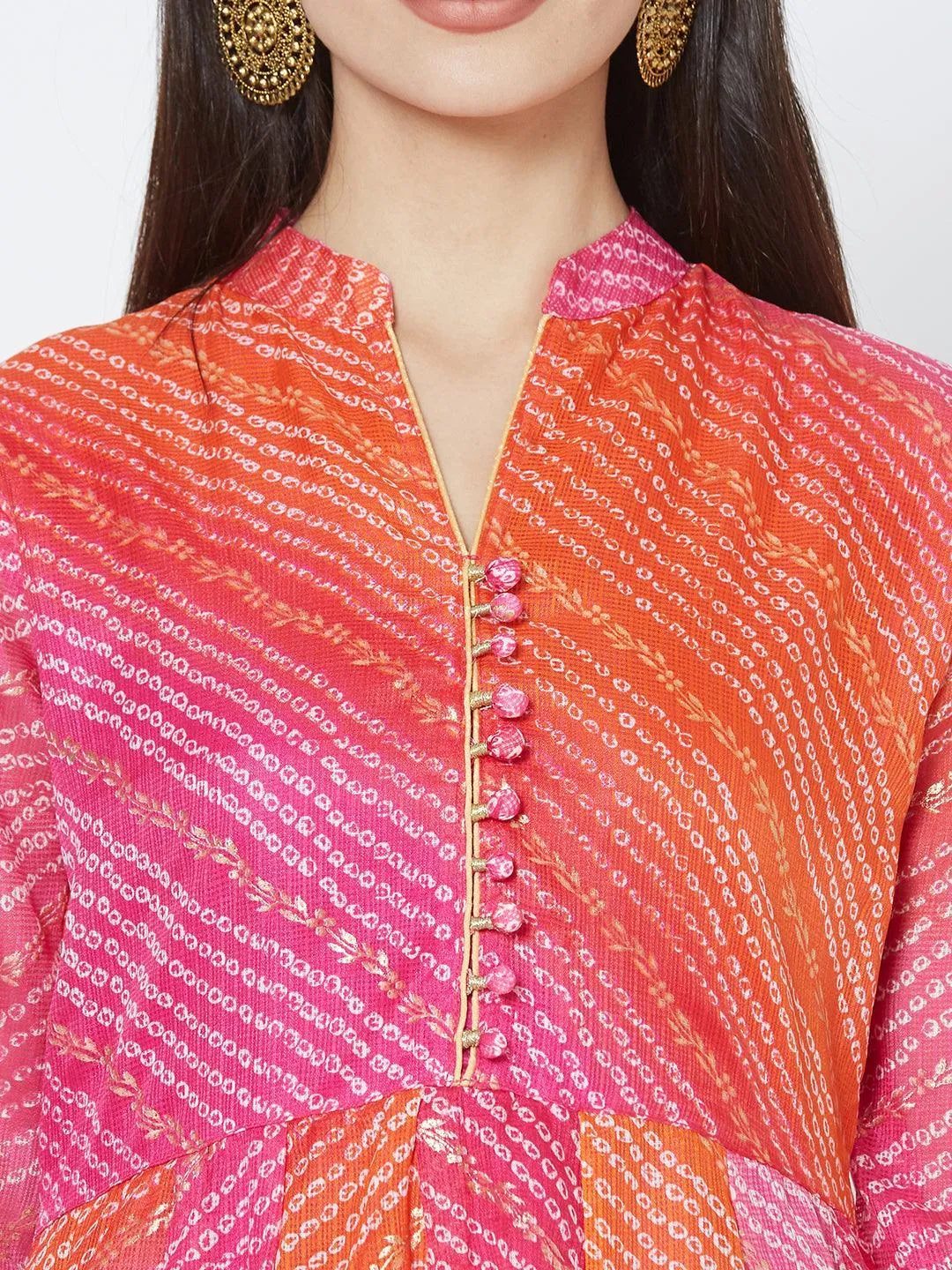 Bandhani & Foil Printed Flared Kurta - Pink