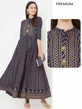 Bandhani Foil Printed Panelled flared Kurta – Indigo Blue