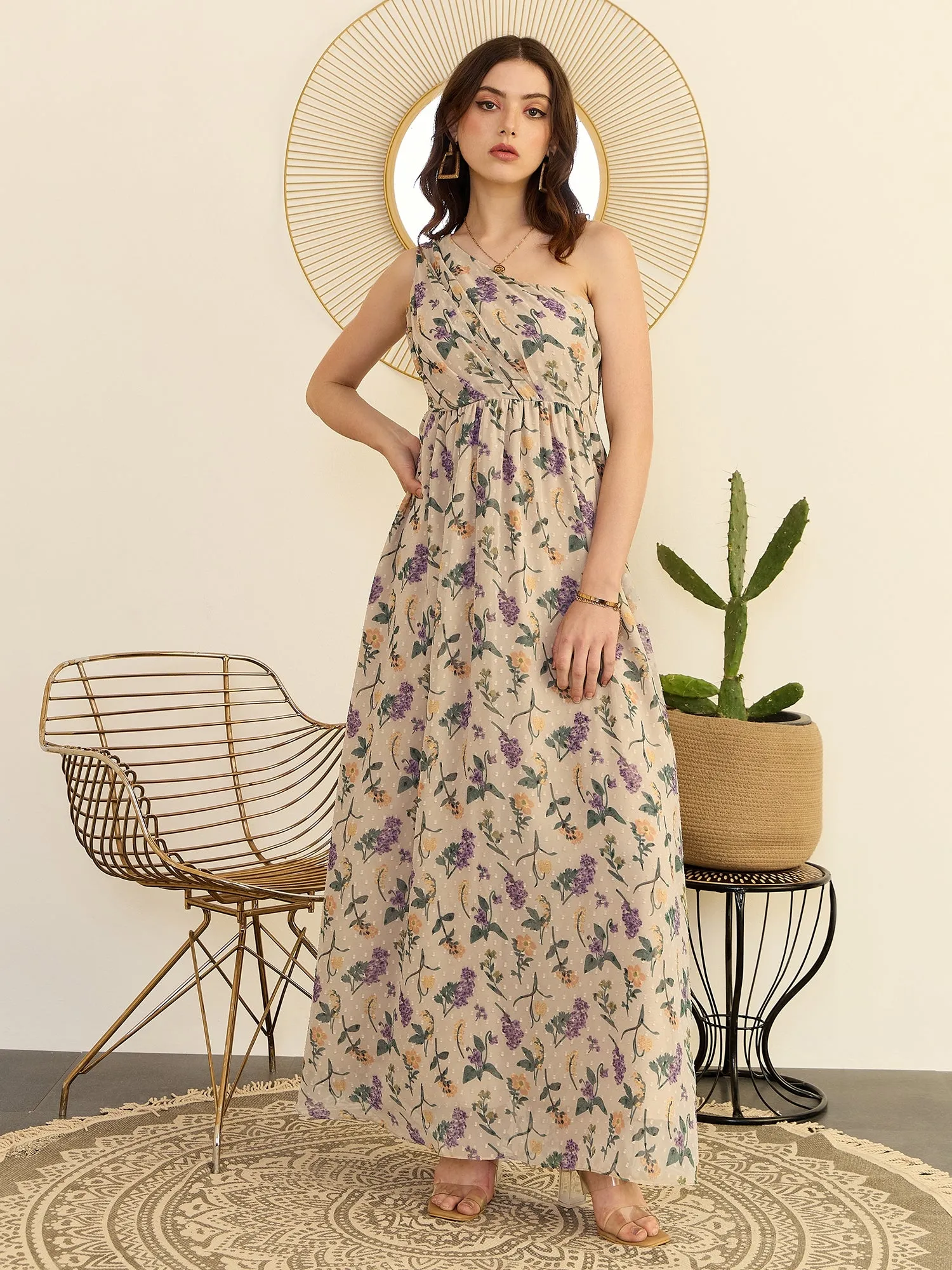 Berrylush Women Beige Floral Printed Dobby Weave One-Shoulder Neck Sleeveless Flared Maxi Dress