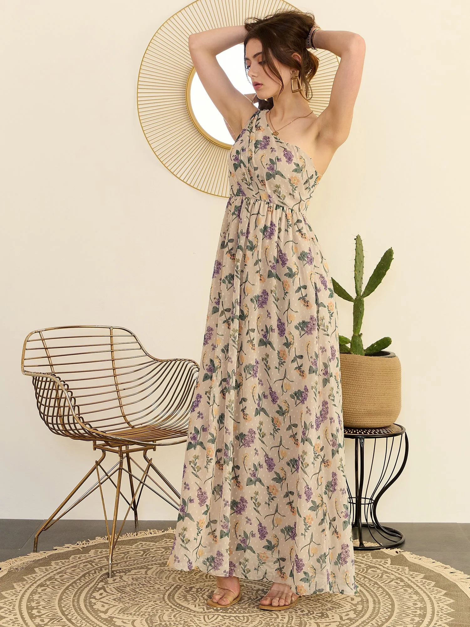 Berrylush Women Beige Floral Printed Dobby Weave One-Shoulder Neck Sleeveless Flared Maxi Dress