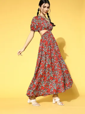 Berrylush Women Red & Green Floral Printed One-Shoulder Neck Back Cutout Flared Maxi Dress