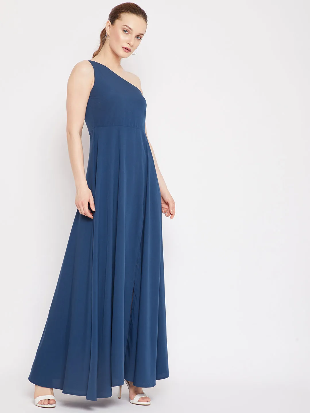 Berrylush Women Solid Blue One-Shoulder Neck Thigh-High Slit Flared Maxi Dress