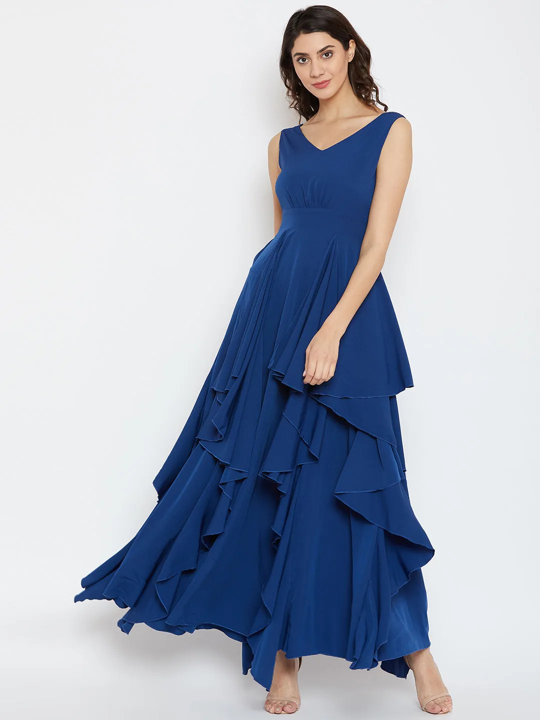 Berrylush Women Solid Blue V-Neck Sleeveless Open-Back Ruffled Maxi Dress