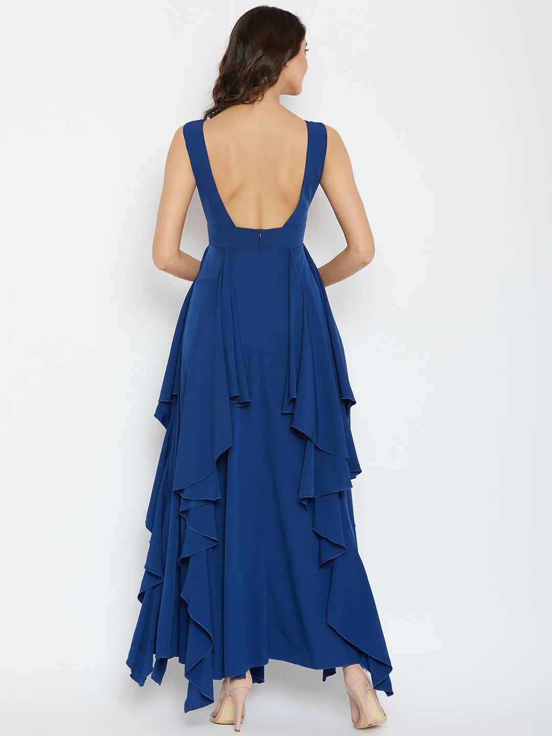 Berrylush Women Solid Blue V-Neck Sleeveless Open-Back Ruffled Maxi Dress