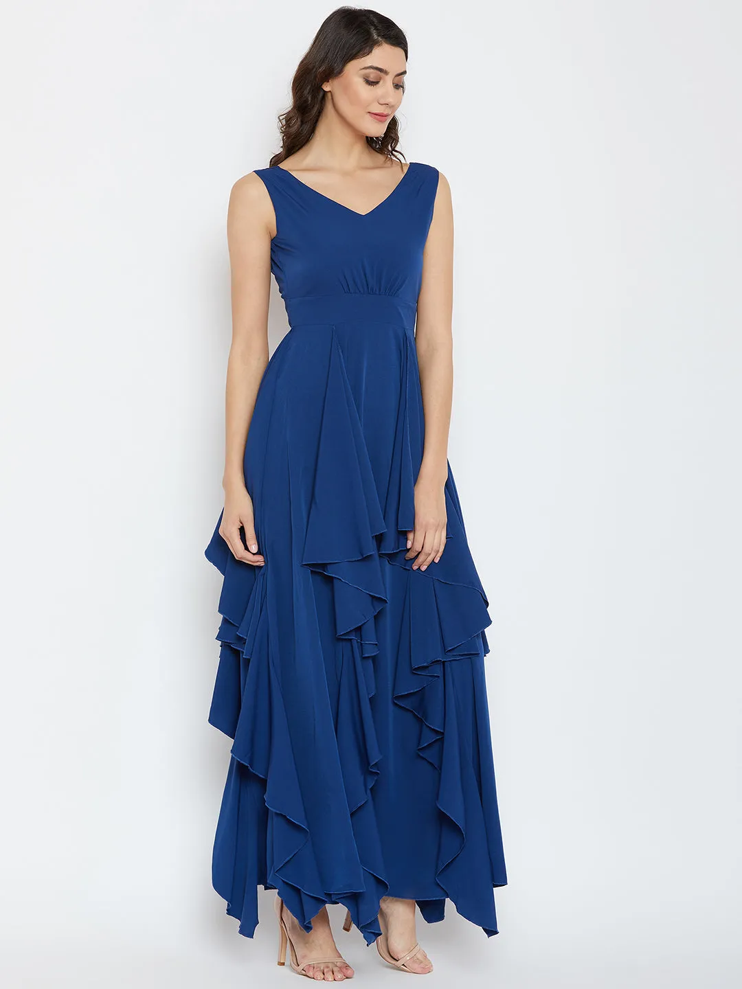 Berrylush Women Solid Blue V-Neck Sleeveless Open-Back Ruffled Maxi Dress