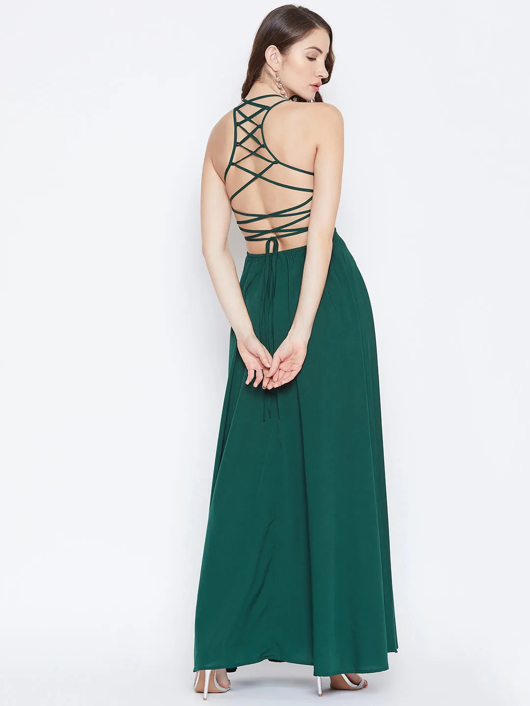 Berrylush Women Solid Green Caged Back Halter Neck Maxi Dress