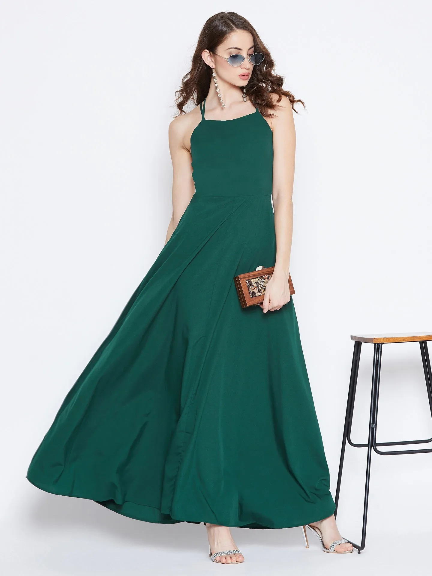 Berrylush Women Solid Green Caged Back Halter Neck Maxi Dress