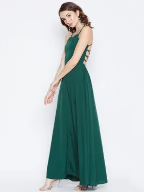 Berrylush Women Solid Green Caged Back Halter Neck Maxi Dress