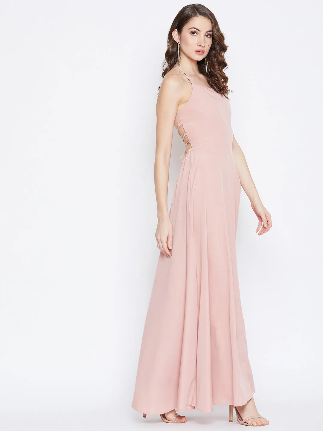 Berrylush Women Solid Light Pink Square Neck Caged Back Tie-up Maxi Dress