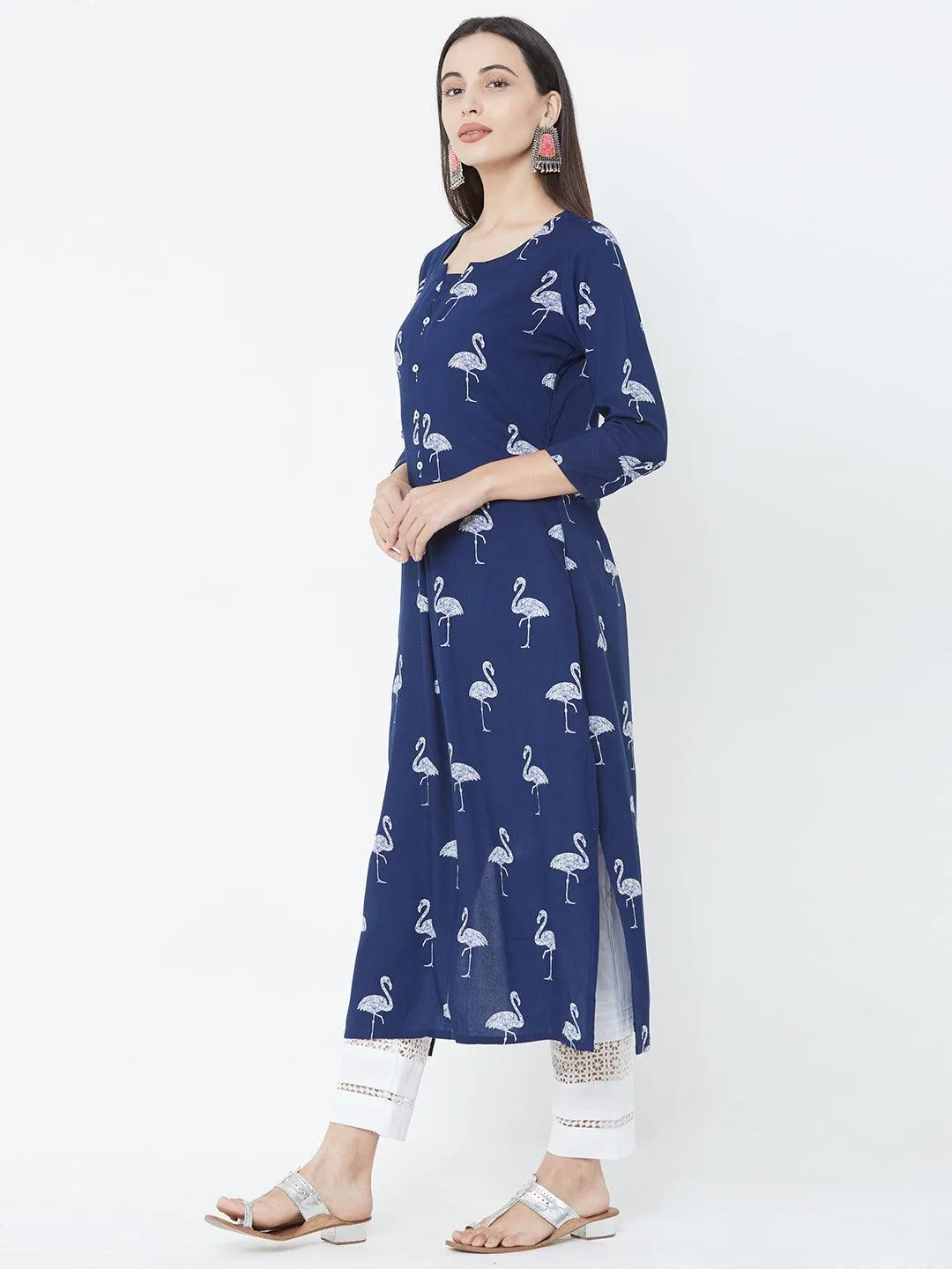 Bird Printed Straight Kurta - Blue