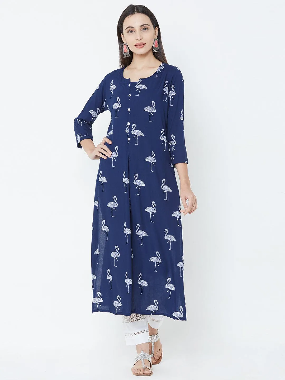 Bird Printed Straight Kurta - Blue