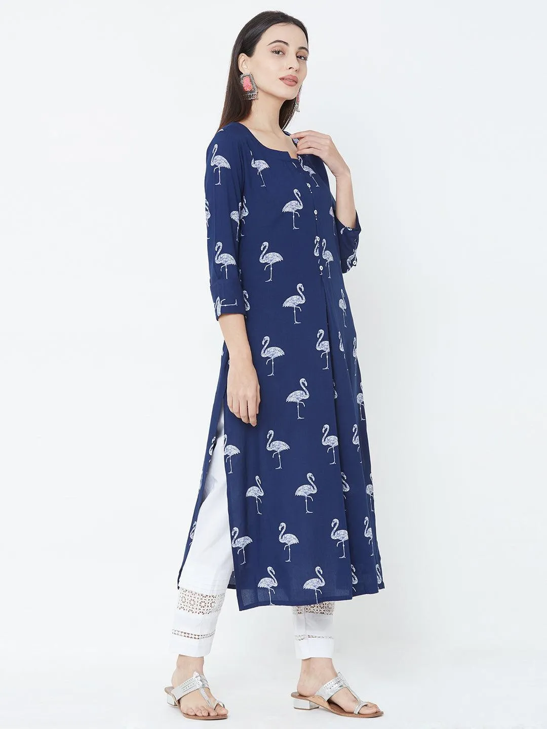 Bird Printed Straight Kurta - Blue