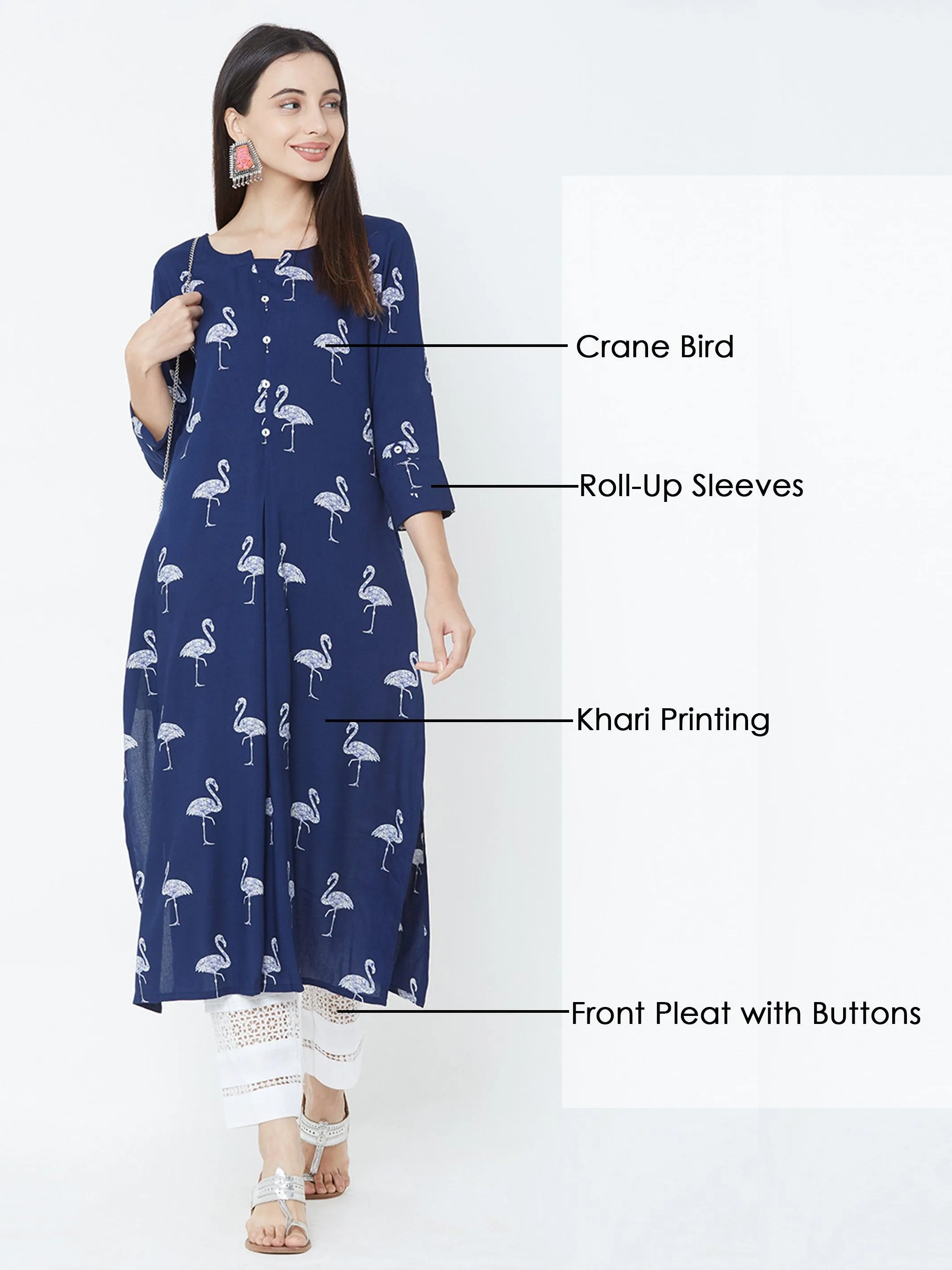 Bird Printed Straight Kurta - Blue