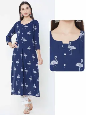 Bird Printed Straight Kurta - Blue