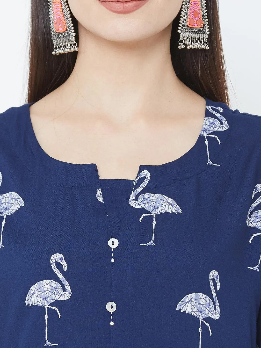 Bird Printed Straight Kurta - Blue