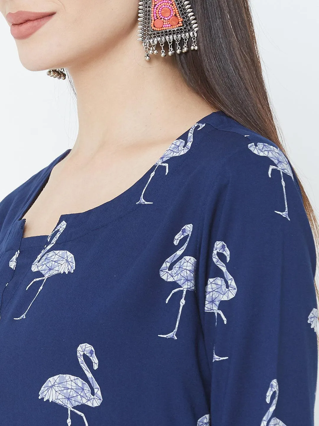 Bird Printed Straight Kurta - Blue