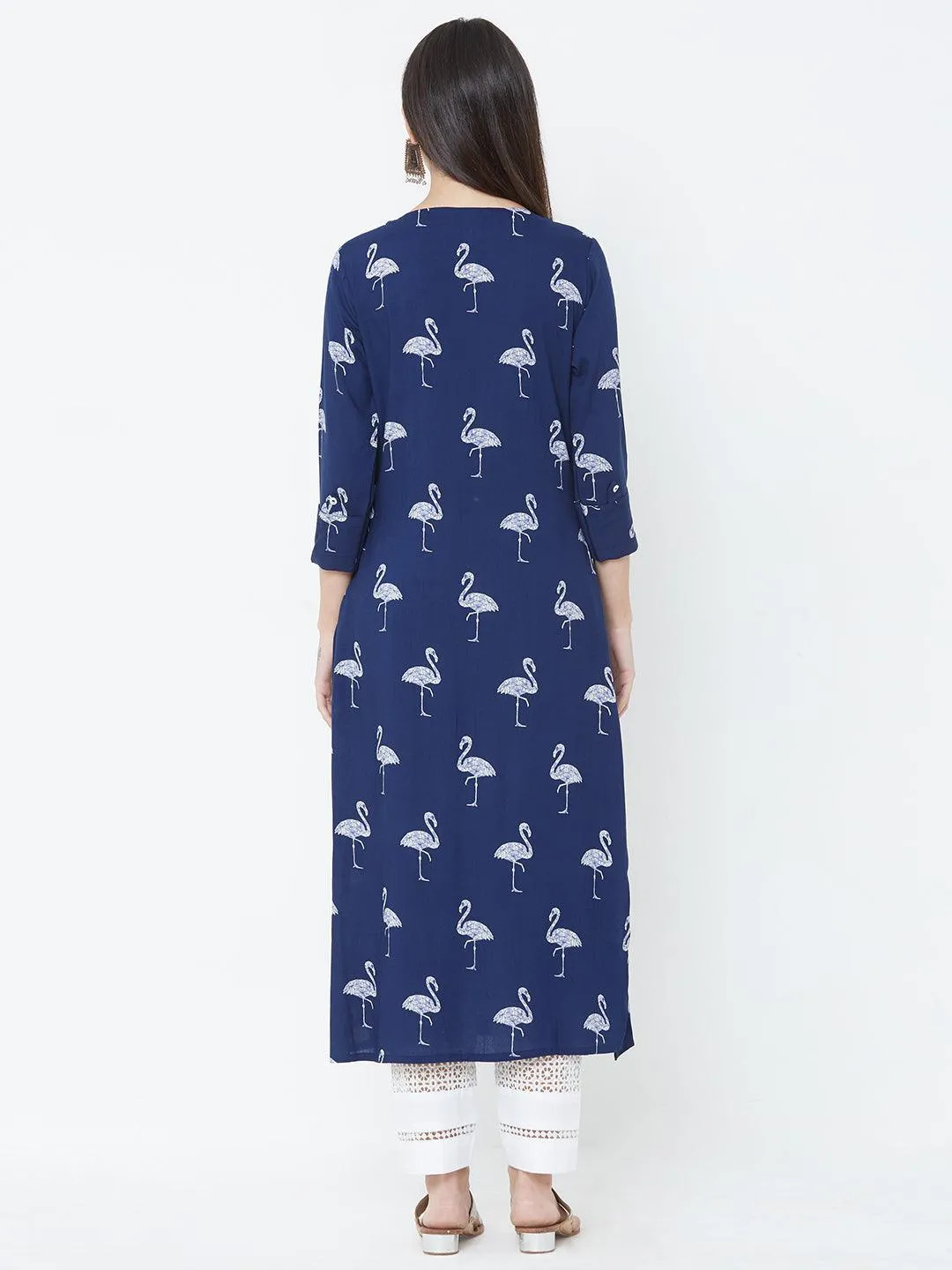 Bird Printed Straight Kurta - Blue