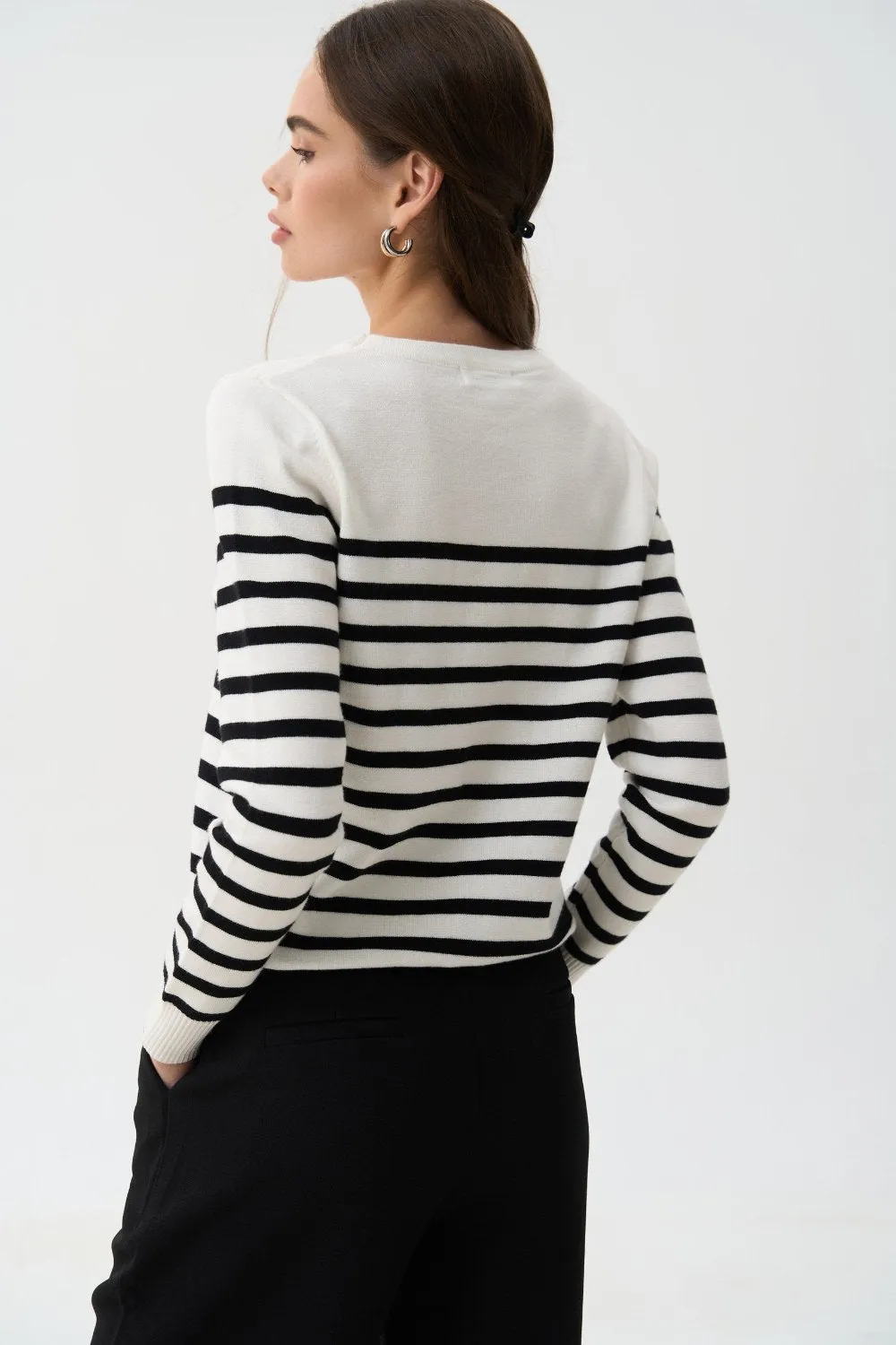 Black Striped Knit Sweater with a Crew Neck